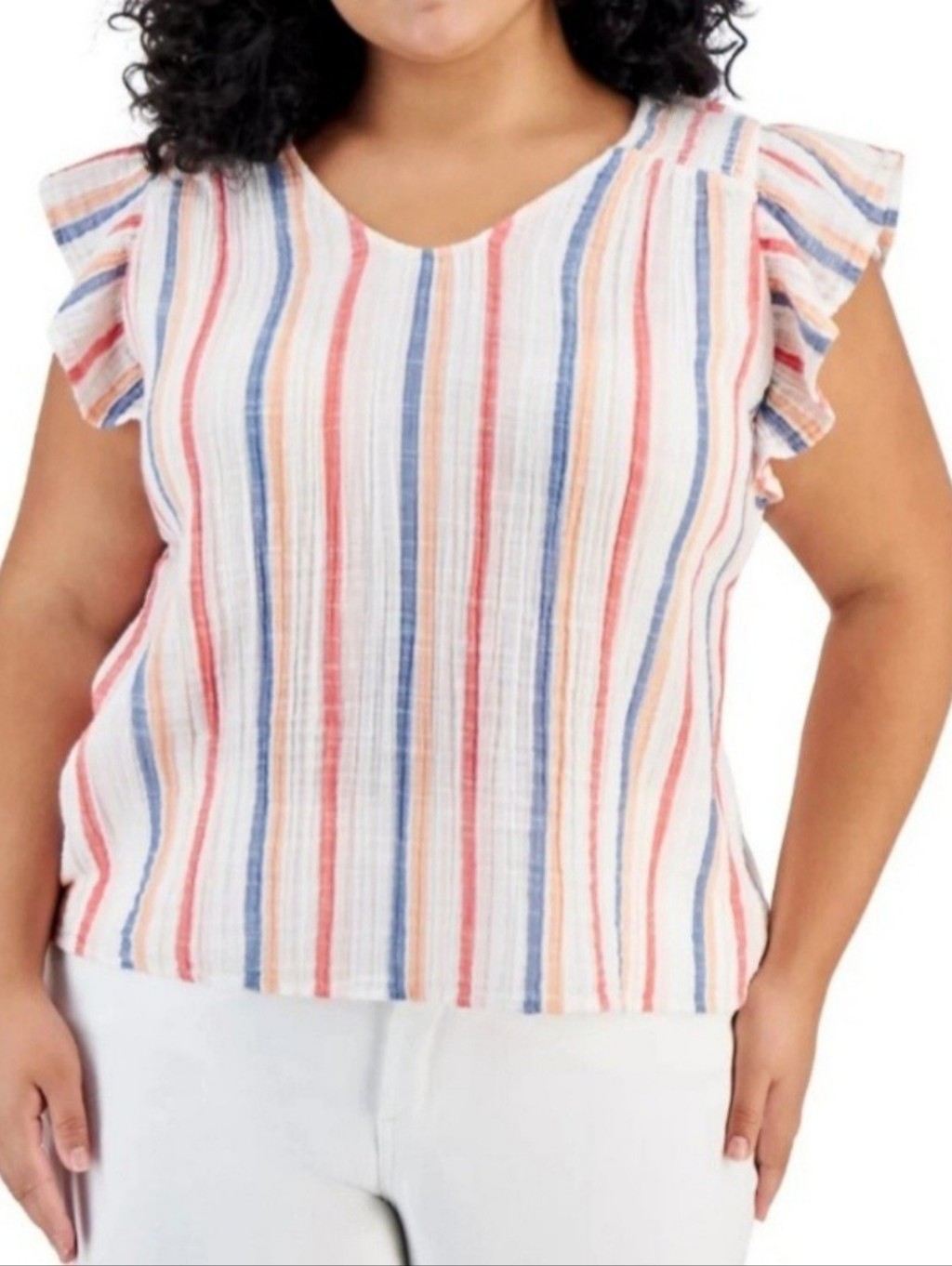 Nwt Style & Co Striped Gauzy Flutter Sleeve Cotton Top, Plus 2x